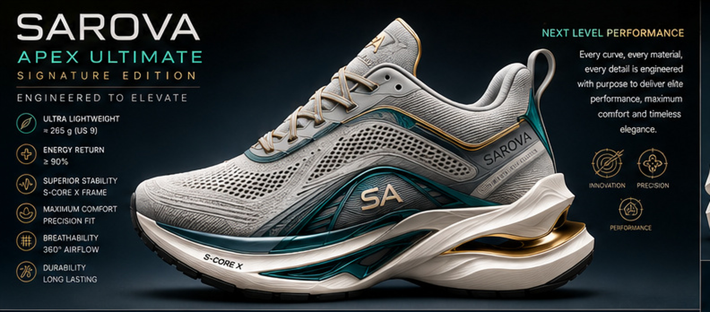 SAROVA Apex Ultimate Signature Edition running shoe in titanium white with emerald and champagne gold detailing