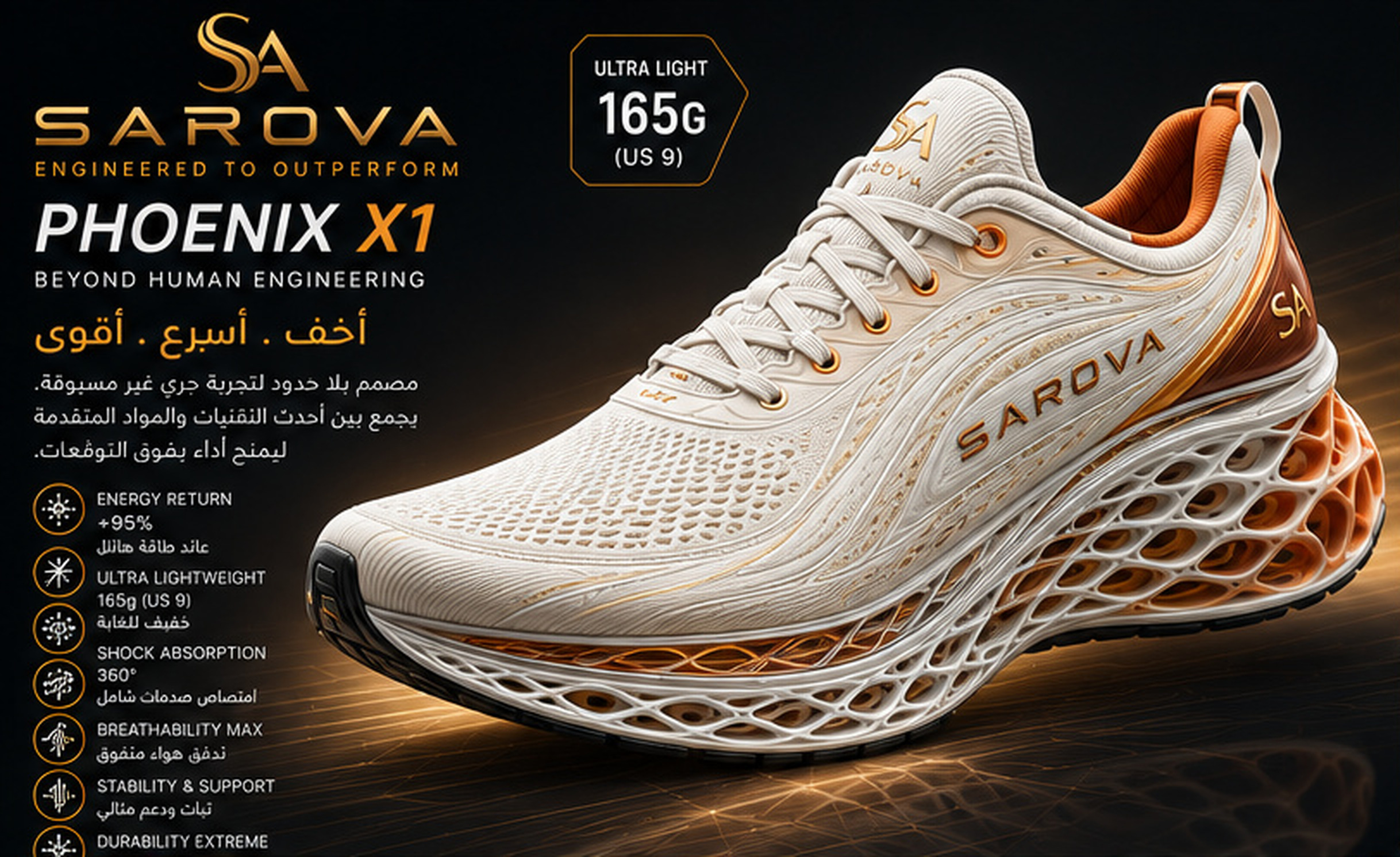 SAROVA Phoenix X1 running shoe in solar flame with lattice midsole and engineered 3D knit upper